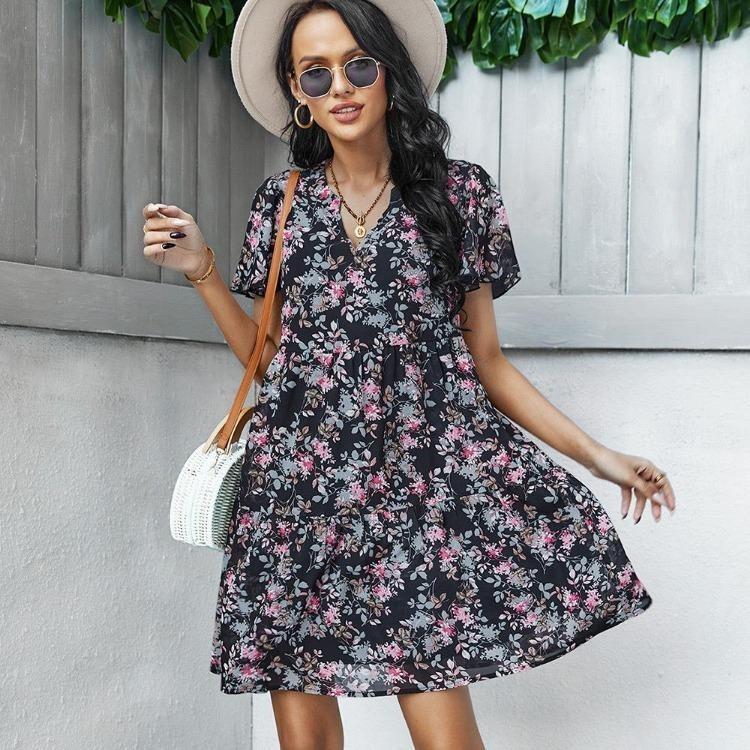 Women Summer Floral Chiffon Dress V Neck Short Sleeve Casual Spring Outfit
