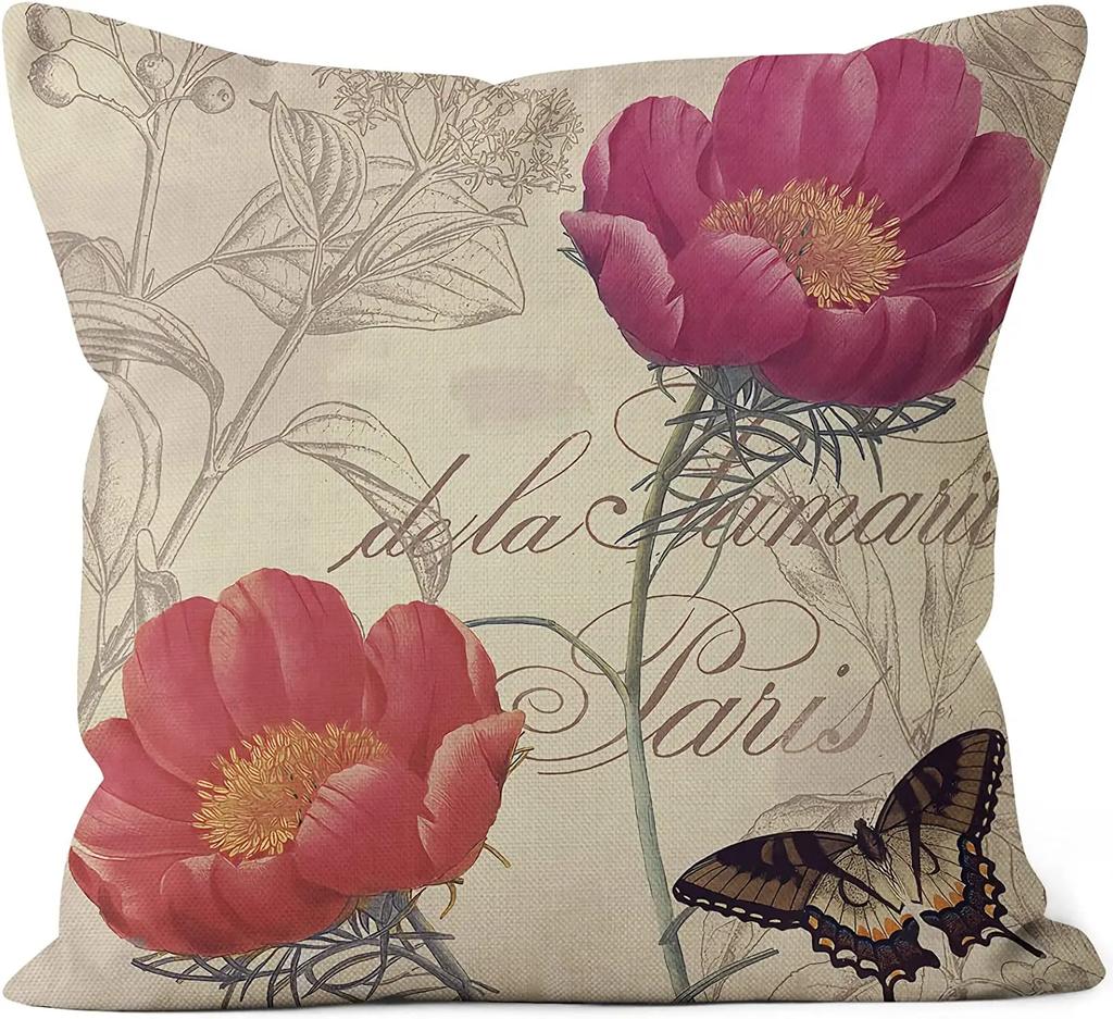 Vintage Purple Flower Linen Cushion Cover for Car Living Room Sofa Bedroom Home Decor, 40x40 45x45 50x50 60x60 Pillowcase