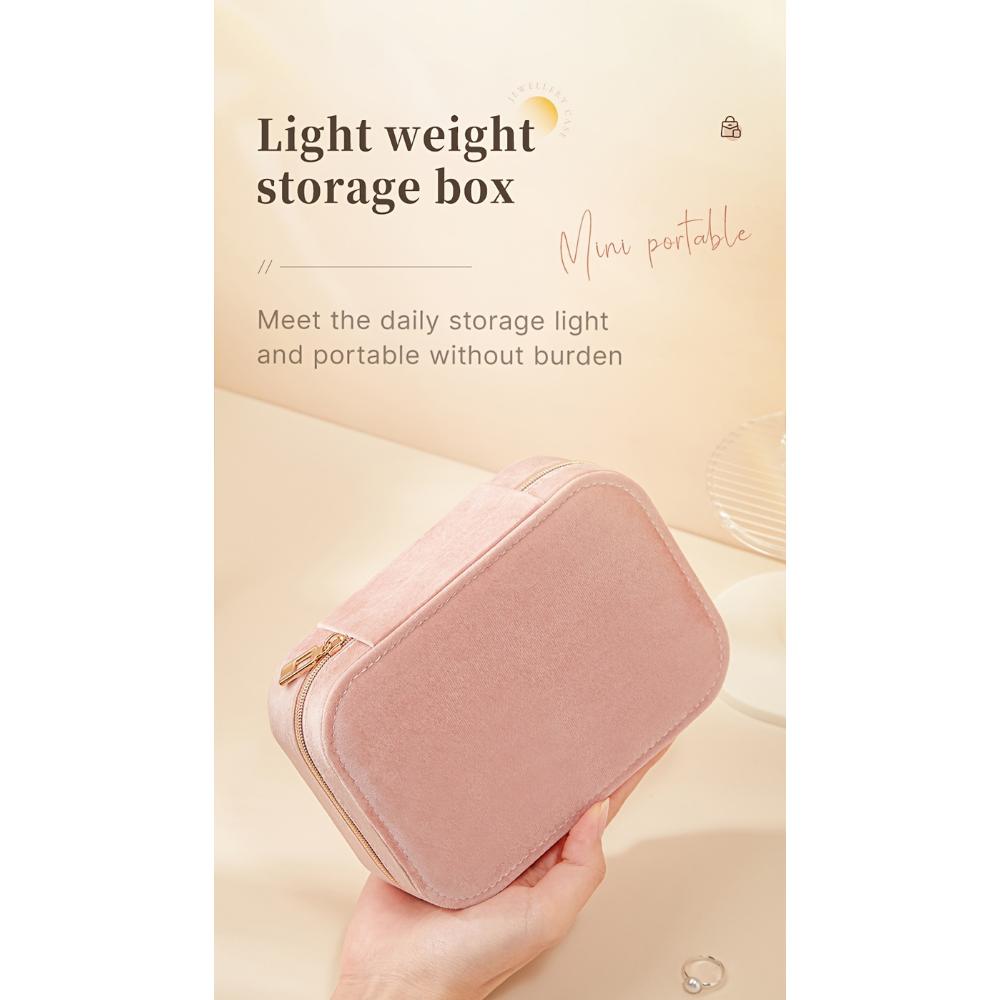 Cutie de bijuterii din catifea cu 3 straturi și fermoar, cutie de depozitare, cârlig pentru colier, poate depozita cercei, coliere, inele, ceasuri, accesorii de păr, potrivită pentru cadouri