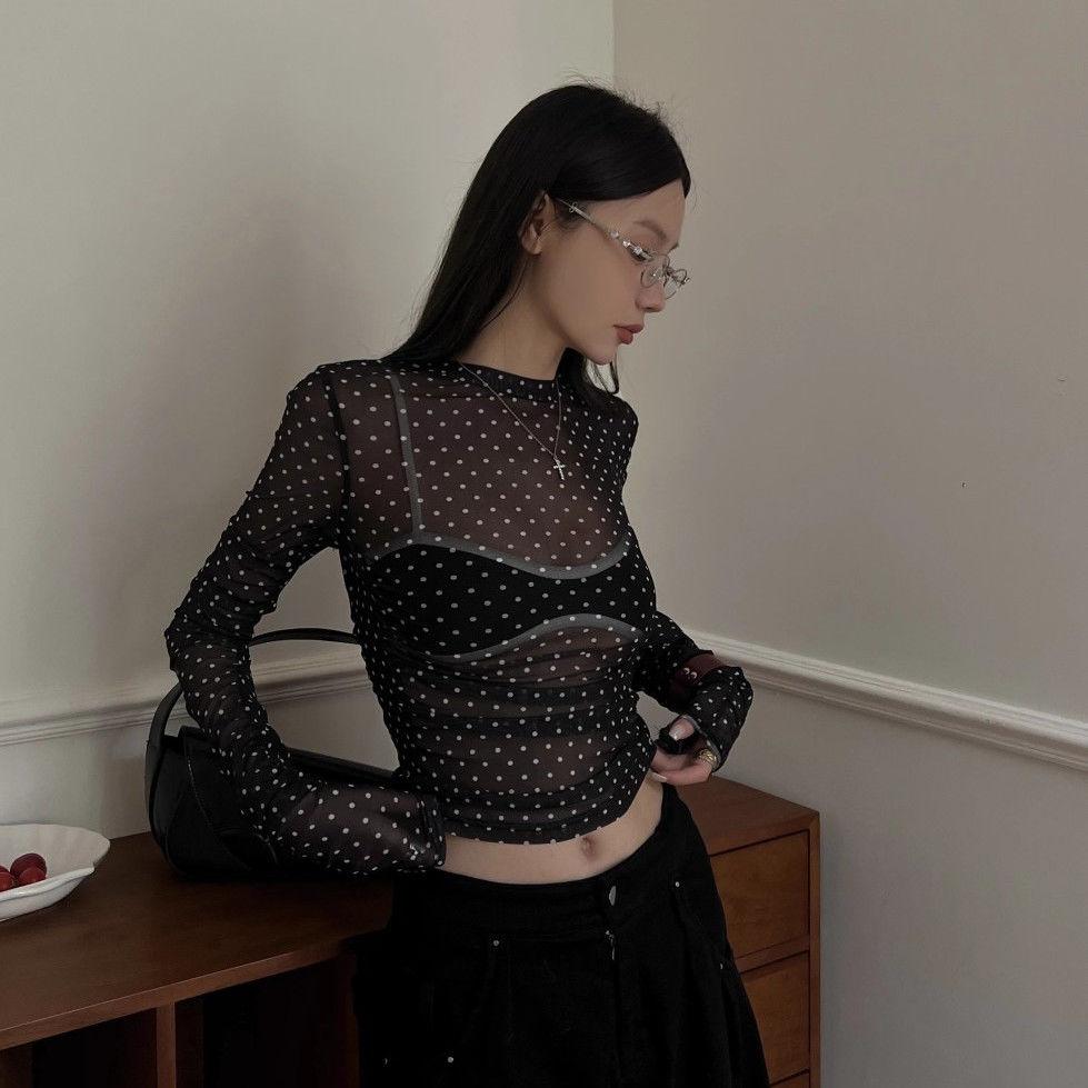 

Винтажная сетчатая футболка с длинным рукавом и круглым вырезом в горошек, женская летняя приталенная, для защиты от солнца, накидка, черная прозрачная футболка One size чёрный
