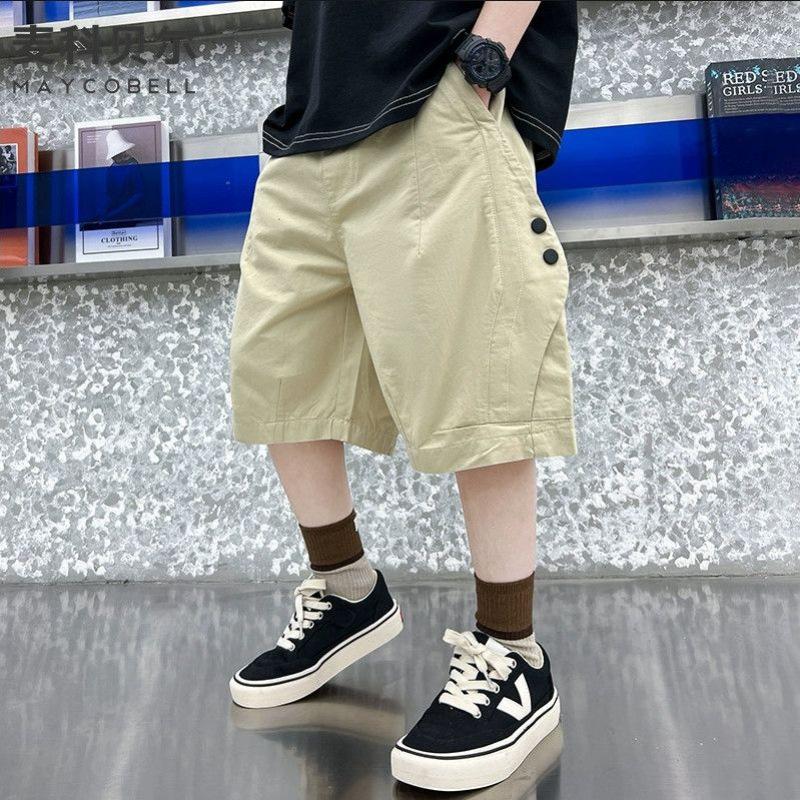 Summer Teen Boys Cotton Cargo Shorts Loose Solid Color Knee-length Pants for 4-14Years Kids Children Casual Outdoor Trousers