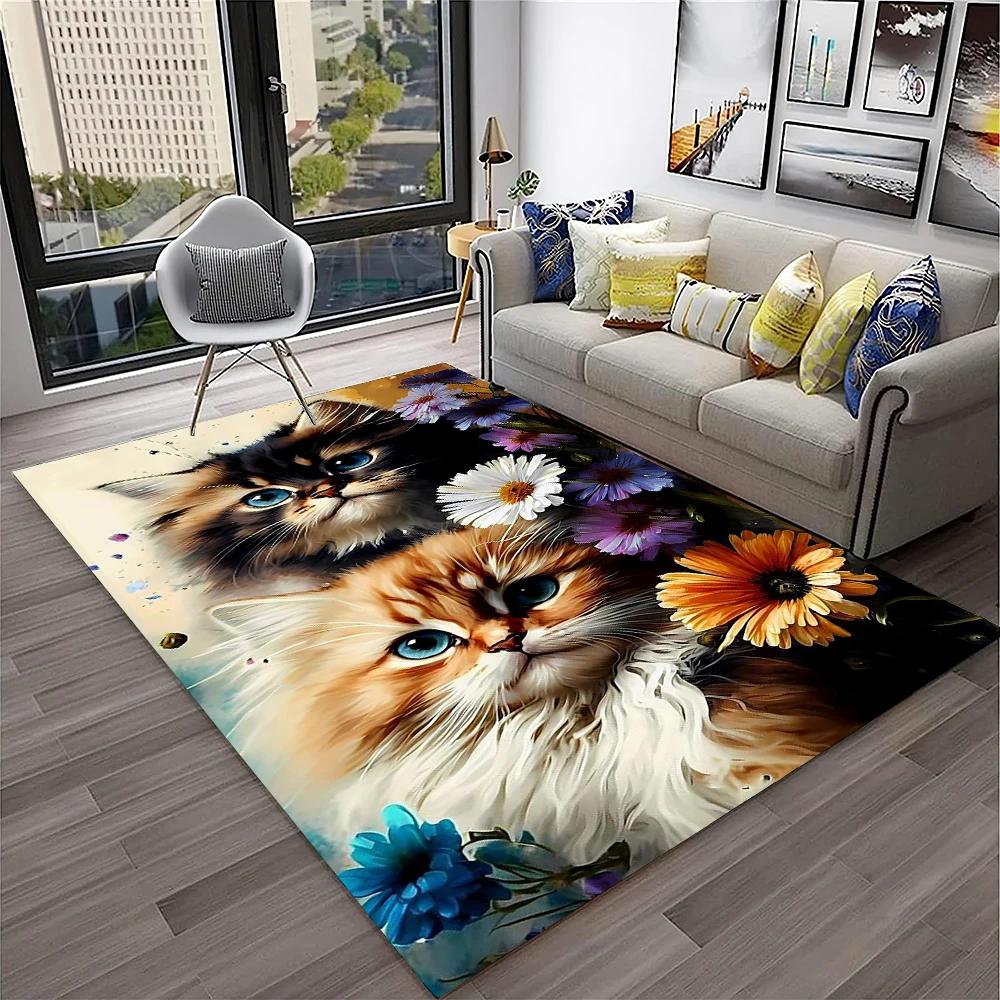 3D Cute Cat Flower Cartoon Carpet Rug for Home Living Room Bedroom Sofa Doormat Decor,Child Play Area Rug Non-slip Floor Mat