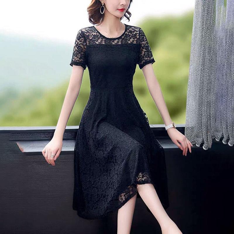 Sexy Lace Dress Women's Short Sleeve Summer Mid Length Dress Ladies Style Slim Dress Solid Color Casual Dress