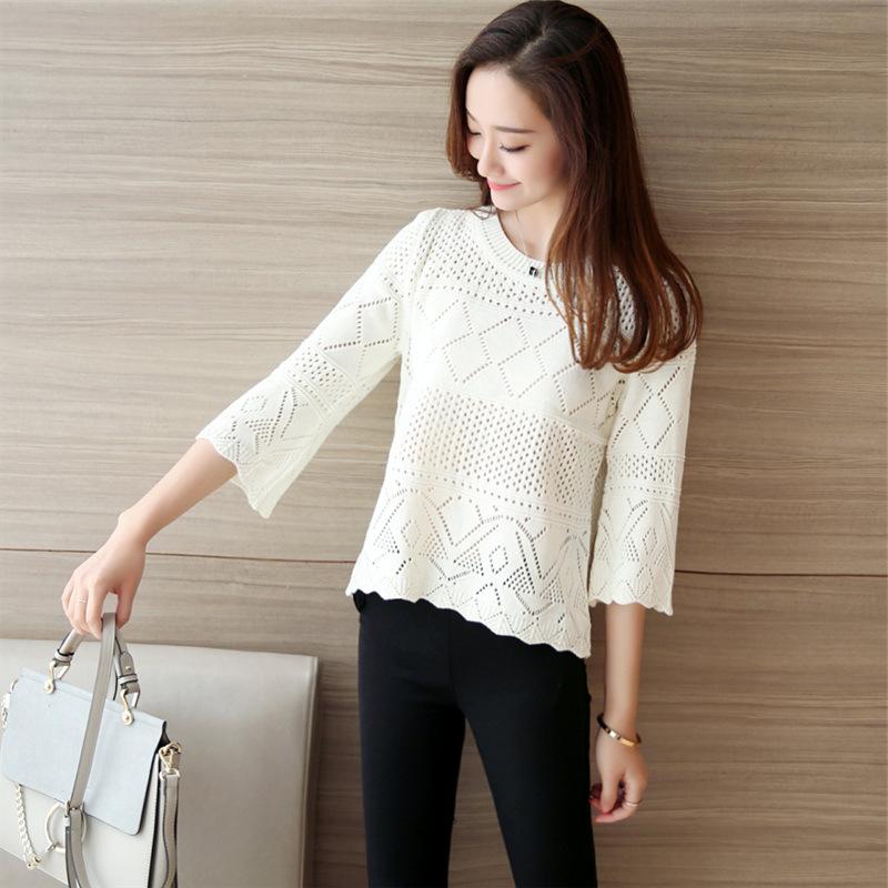 În primăvară și vară Pulover scobit nou din tricot Jachetă de damă cu secțiune subțire cu gât rotund Îmbrăcăminte linie largi Cămașă cu mânecă de șapte minute