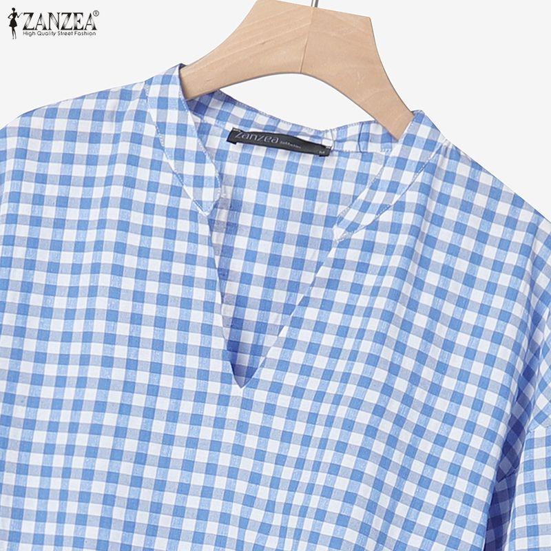 ZANZEA Women 3/4 Sleeve Blouse and Pants Plaid Print Two Piece Suit Sets