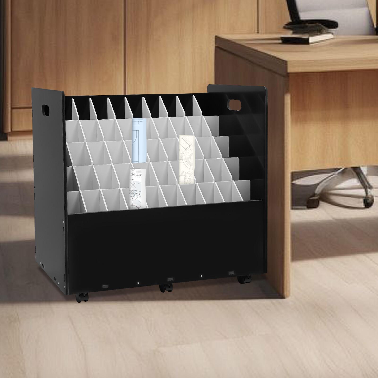 

50-Slot Blueprint File Organizer with Lockable Wheels, 5-Tier Rolling Storage Cart for Engineering Drawings, Office Documents чёрный