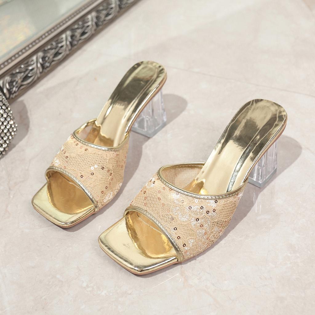 New High-heeled Shoes for Summer Wear Women's Stiletto Pointed Toe Open-toe Sequined Cloth Sandals and Slippers