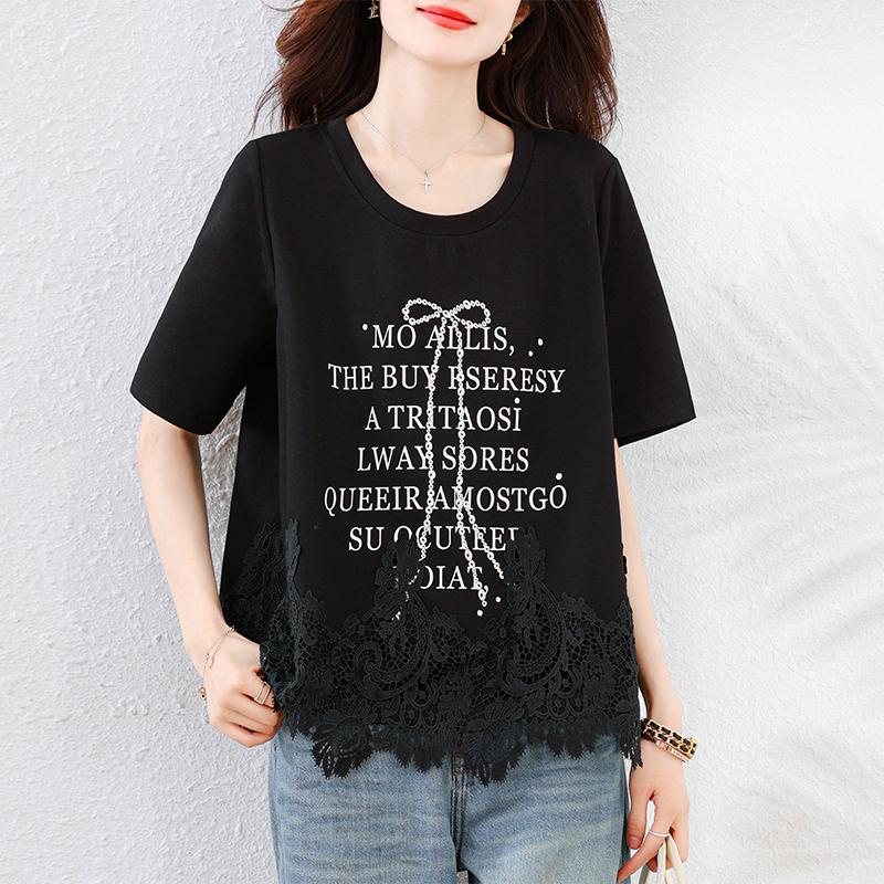 DIMANAF 2025 Neues Sommer Übergröße T-Shirt Mode Damen O-Ausschnitt Kurzarm Einfarbig Locker Schwarz Spitze Tops T-Shirts