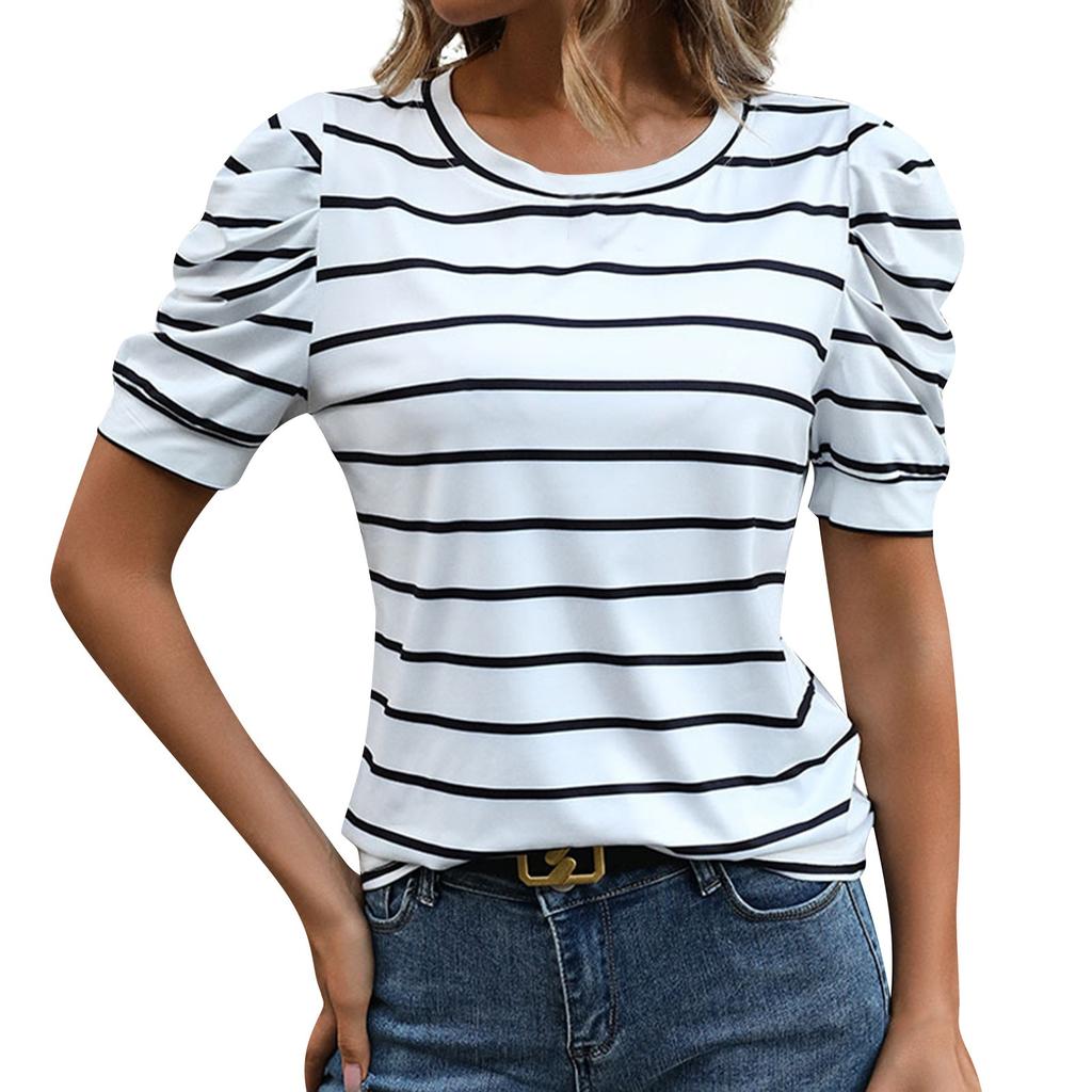 Women's Fashion Striped Leg Of Mutton Short Sleeve Casual T-Shirt