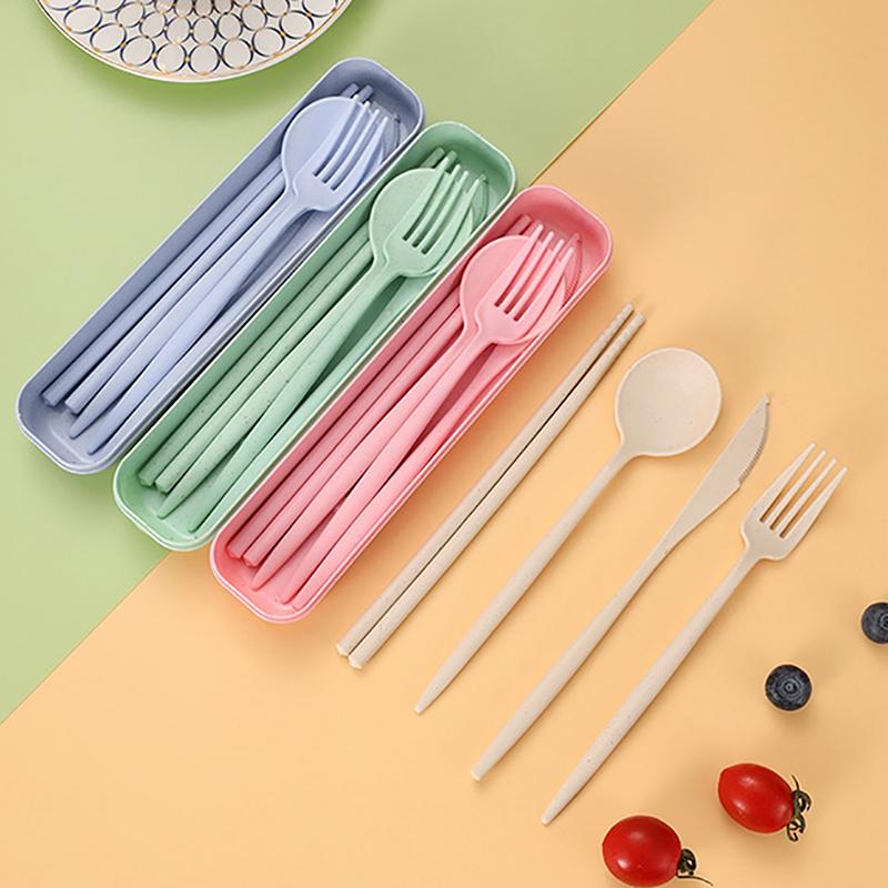 4Pcs/Set Portable Utensils With Box Healthy Eco-Friendly Wheat Straw Cutlery Reusable Chopstick Fork Knife Spoon Tableware Set