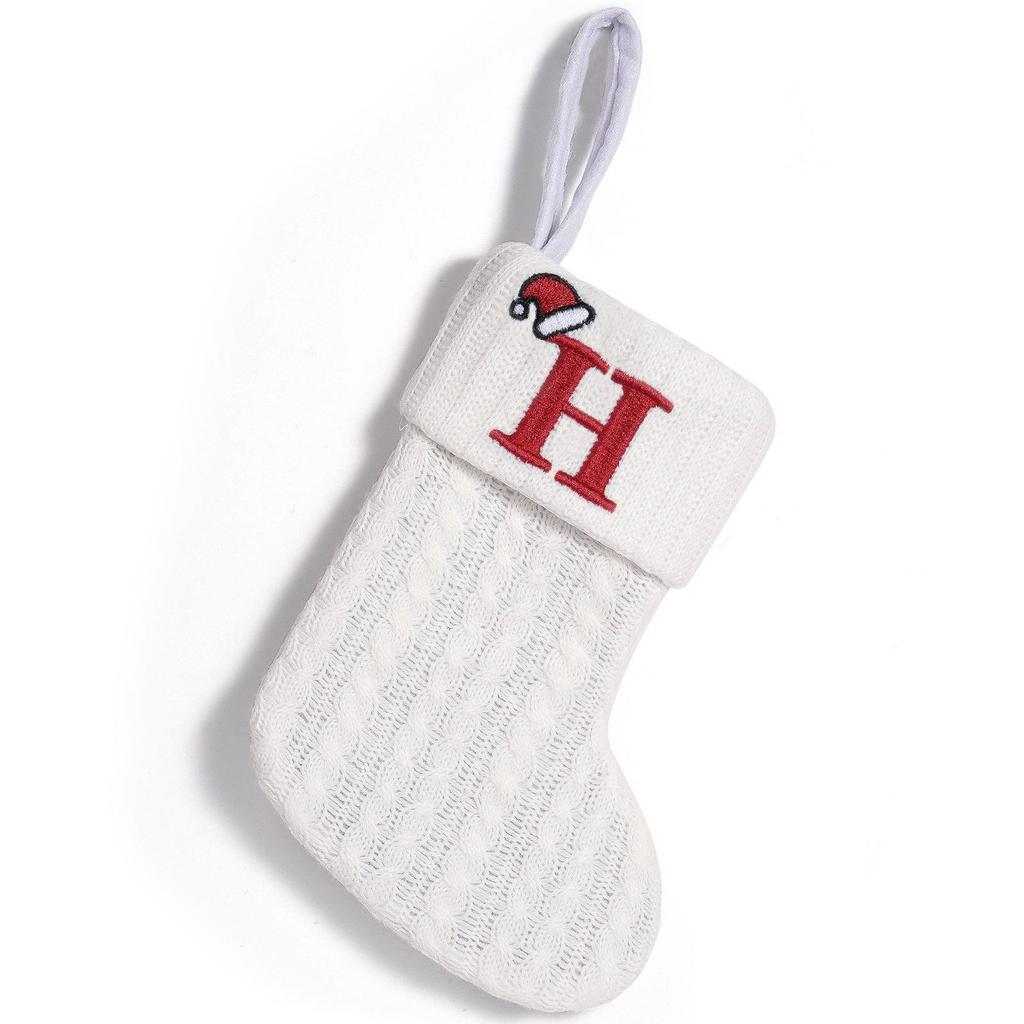 Cross-Border White Knitted Christmas Stocking with Letter Embroidery – Decorative Gift Bag Ornament.