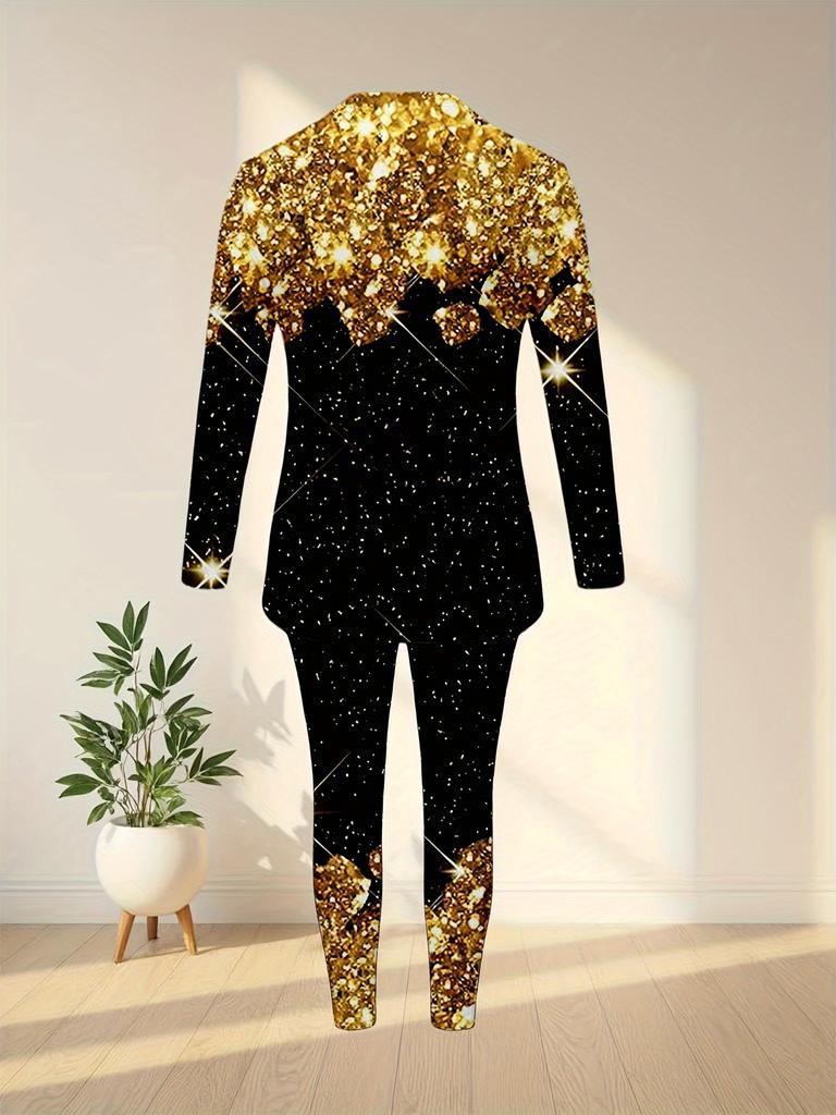 Women's Long-sleeved Top and Trouser Suit with 3D Gold Sparkle Design Inspired by the Starry Night
