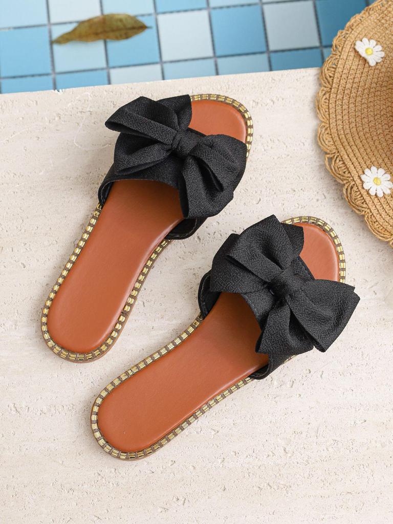 2026 Summer Women's Plus Size Bow One-Strap Flat Slippers - Lightweight, Comfortable & Solid Color for Outdoor Wear