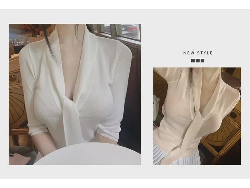 Koreanischer Dongdaemun Slim Fit Strickpullover mit halblangen Ärmeln und Schleifendesign für Damen