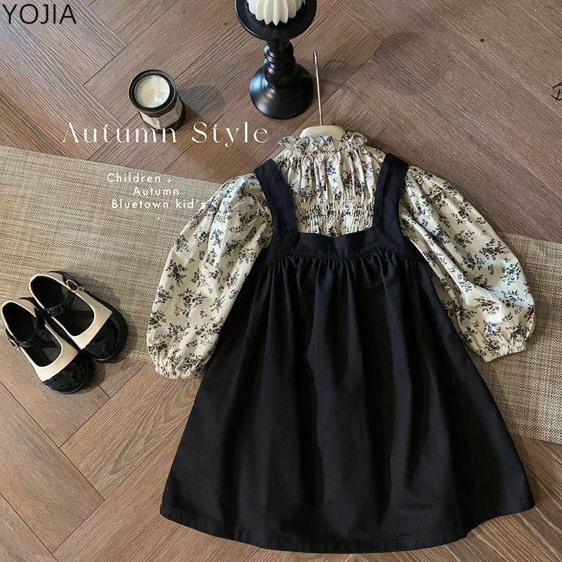 2024 Autumn Korean Mori Style Girls' Floral Shirt & Suspender Skirt Set
