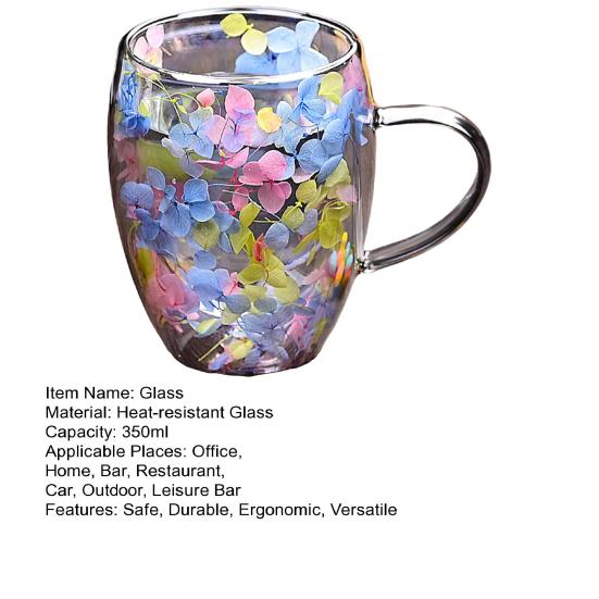 Double Wall Glass Coffee Mug with Handle High Borosilicate Heat Resistant Cup Colorful Petal Design Hot