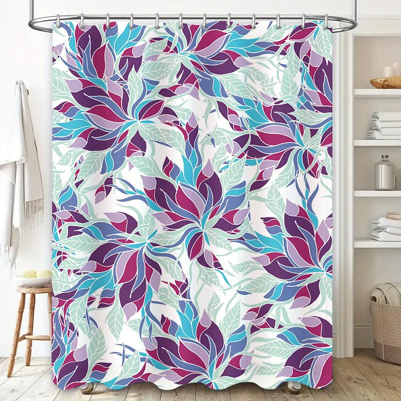Modern Bath Shower Curtain Set with Floral Print: Water-Resistant Fabric for Home Decor Blue Purple Colors