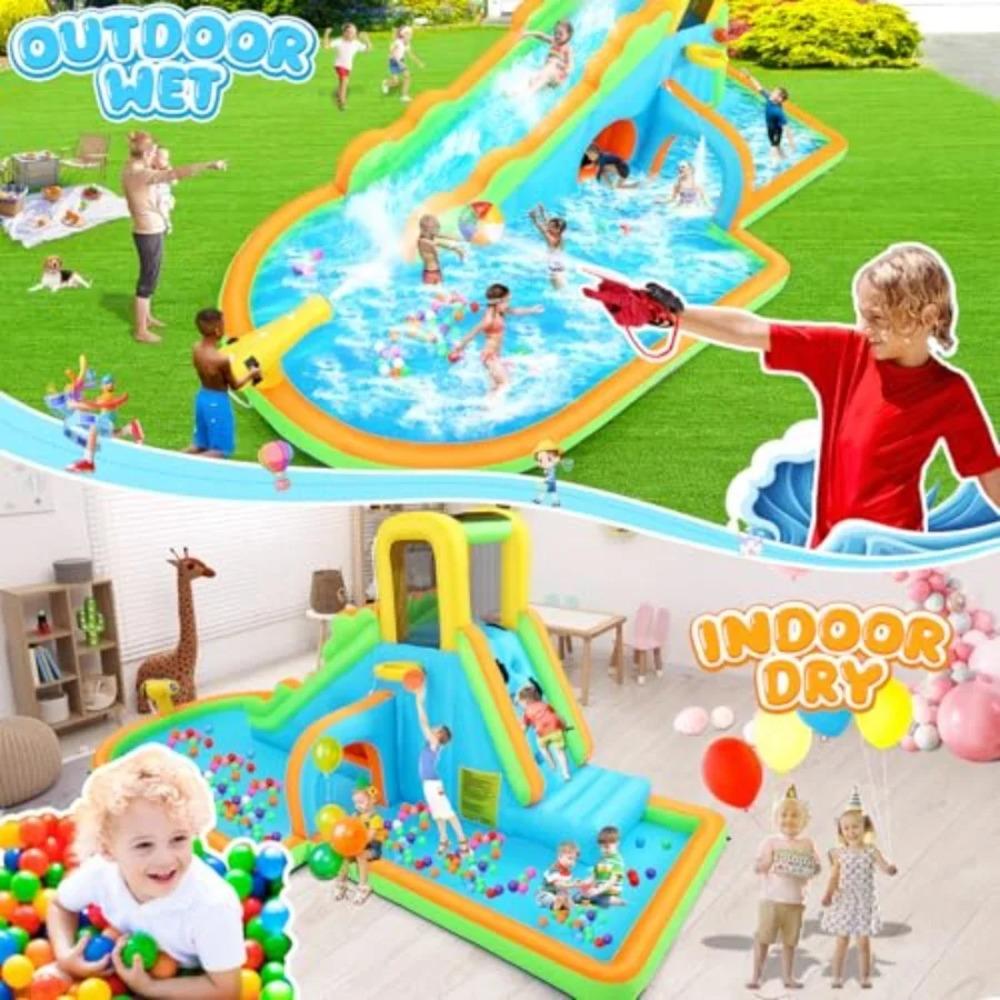 Inflatable Water Slide Large Wave Rider with Splash Pool Climb Wall Basket-Rim Water Cannon Shower Head for Backyard 3-12 Blue
