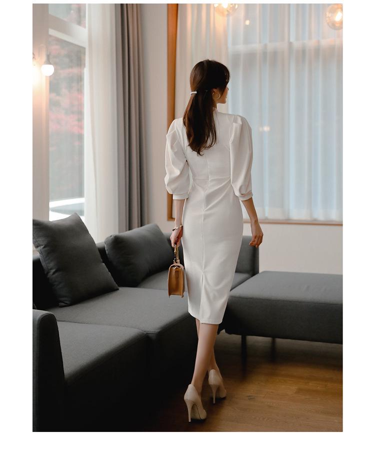 French Chic Stand-Up Collar Slim Lantern Sleeve Dress
