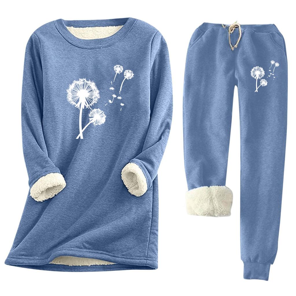 Women's Print Round Neck Warm Suit Long Sleeve Fleece Drawstring Sweatpants Two-Piece Set