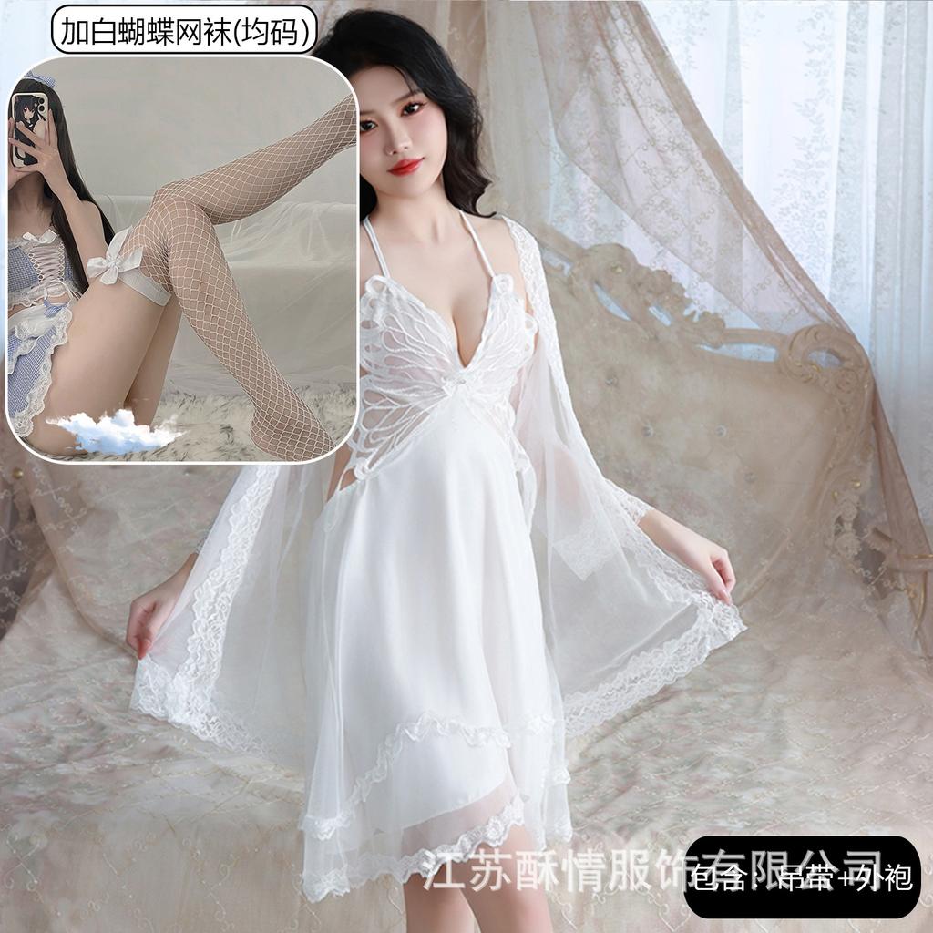 Sexy Underwear Big Butterfly Pure Desire Mesh Pajamas Plus Chest Pads Gather Nightgown Robe Women's Loungewear Set