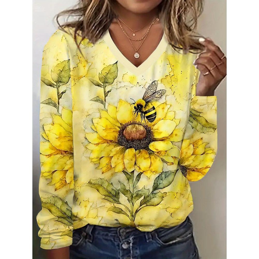 Plus Size - Floral Print Plus Size T-Shirt, Casual Fashion Long Sleeve V-Neck Women S Top S