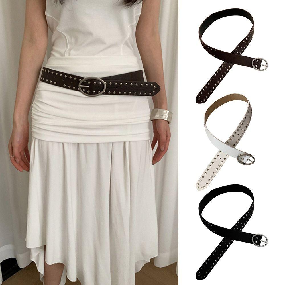 Alloy Buckle Y2K Belt Pu Leather Skinny Waist Straps Retro Bohemian Rivet Belt  Women