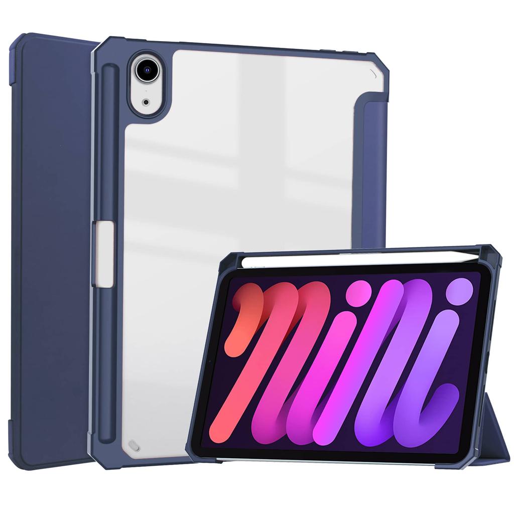For iPad Mini 7 6 8.3'' with Pencil Holder-[Tri-fold Stand + Auto Wake/Sleep], High-grade Acrylic Case Transparent Back Cover