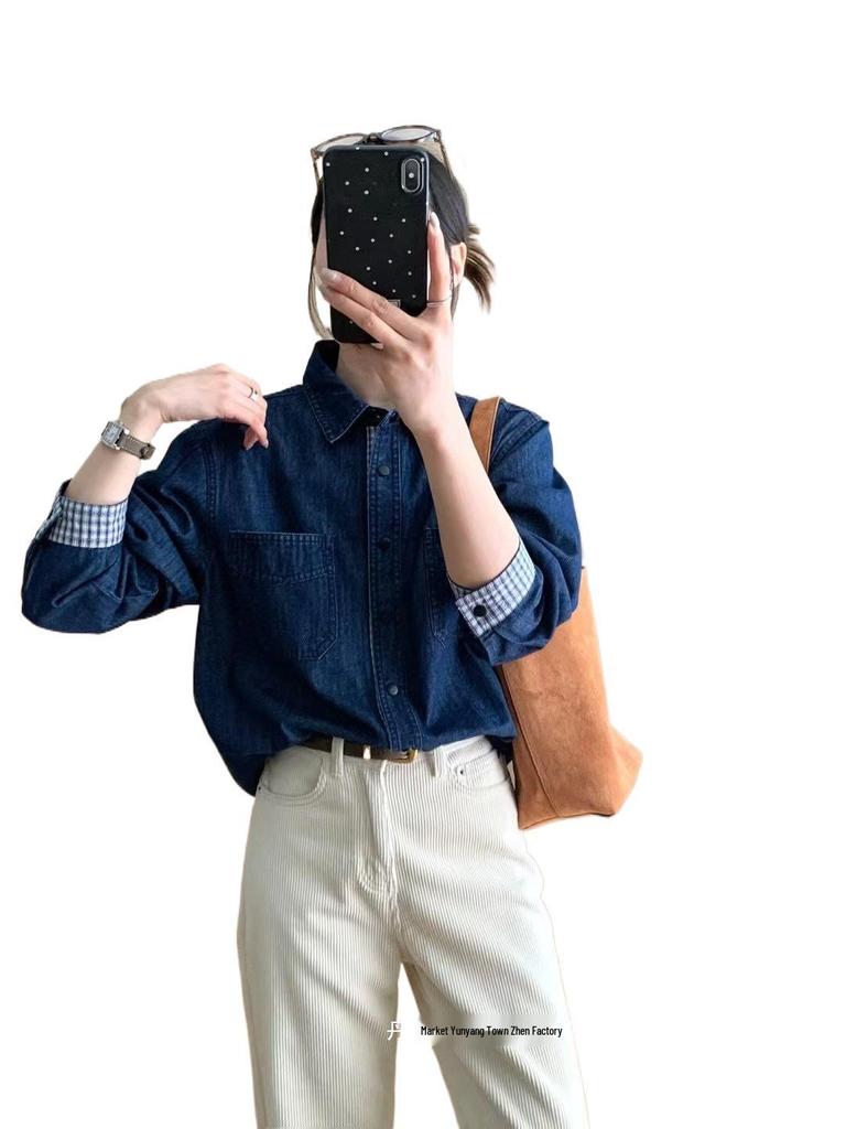 Autumn Plaid Patchwork Denim Shirt Jacket for Women - Fresh Retro Japanese Style