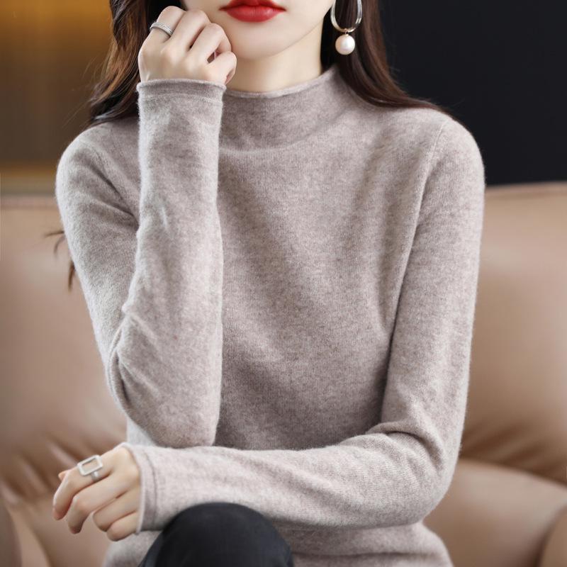 Women's 100% Pure Wool Turtleneck Sweater - Fashionable Autumn/Winter Knitted Cashmere Base Layer Top