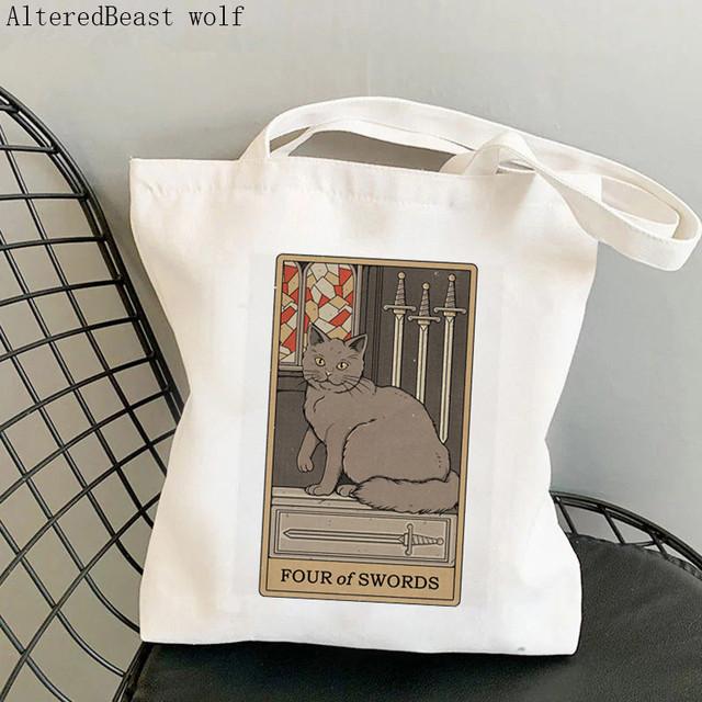 Kadın Alışveriş çantası Balık kedi Tarot Baskılı Kawaii Çanta Harajuku Alışveriş Kanvas Alışveriş Çantası kız çanta Tote Omuz Bayan Çantası
