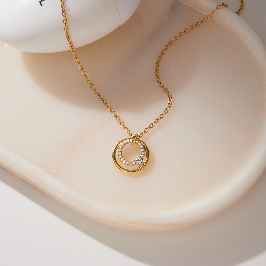 Youthway 18K Gold PVD Plated Round Zircon Necklace For Women New Stainless Steel Waterproof Necklace Party Jewelry Gifts