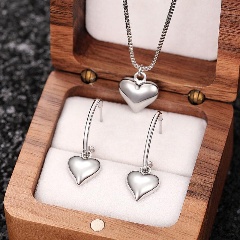 Silver Plated 3D Heart Pendant Necklace & Hoop Earring Jewelry Set, Minimalist Box Chain Set for Women