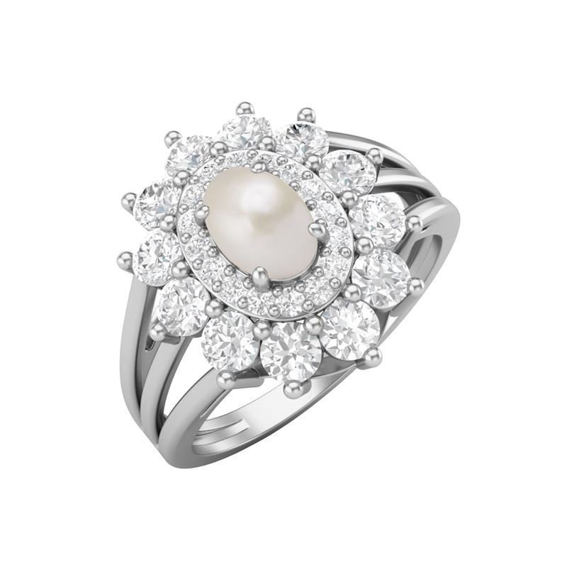 6X4MM Oval Pearl Gemstone 925 Sterling Silver Halo Split Shank Ring