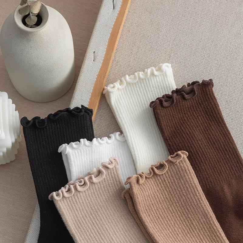 6 Pairs Ruffled Middle Tube Socks Women's Breathable Solid Color Set Black White Coffee Beige Loose Pile Socks Sweat-Absorbing