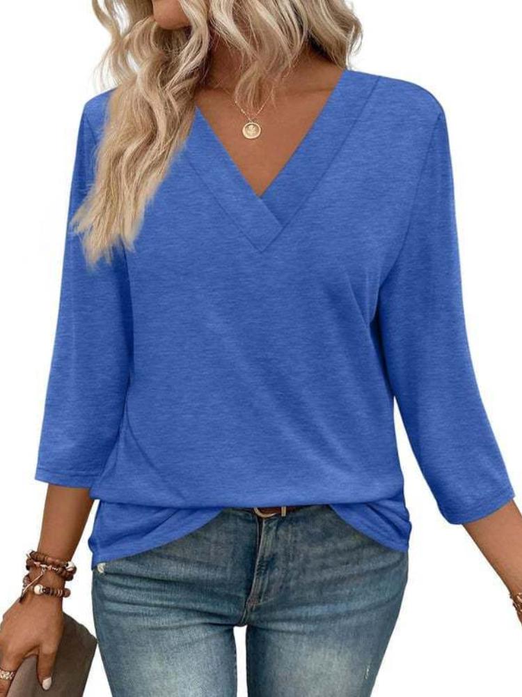 Dámský top s V-výstřihem a 7/8 rukávem, ležérní dámské pletené tričko se zavazováním v pase
