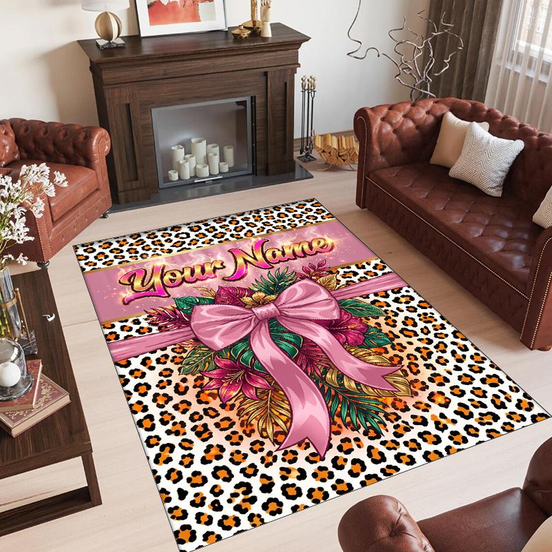 Leopard Theme Crystal Velvet Floor Rug Personalized Custom Name Text Warm Carpet Home Decoration