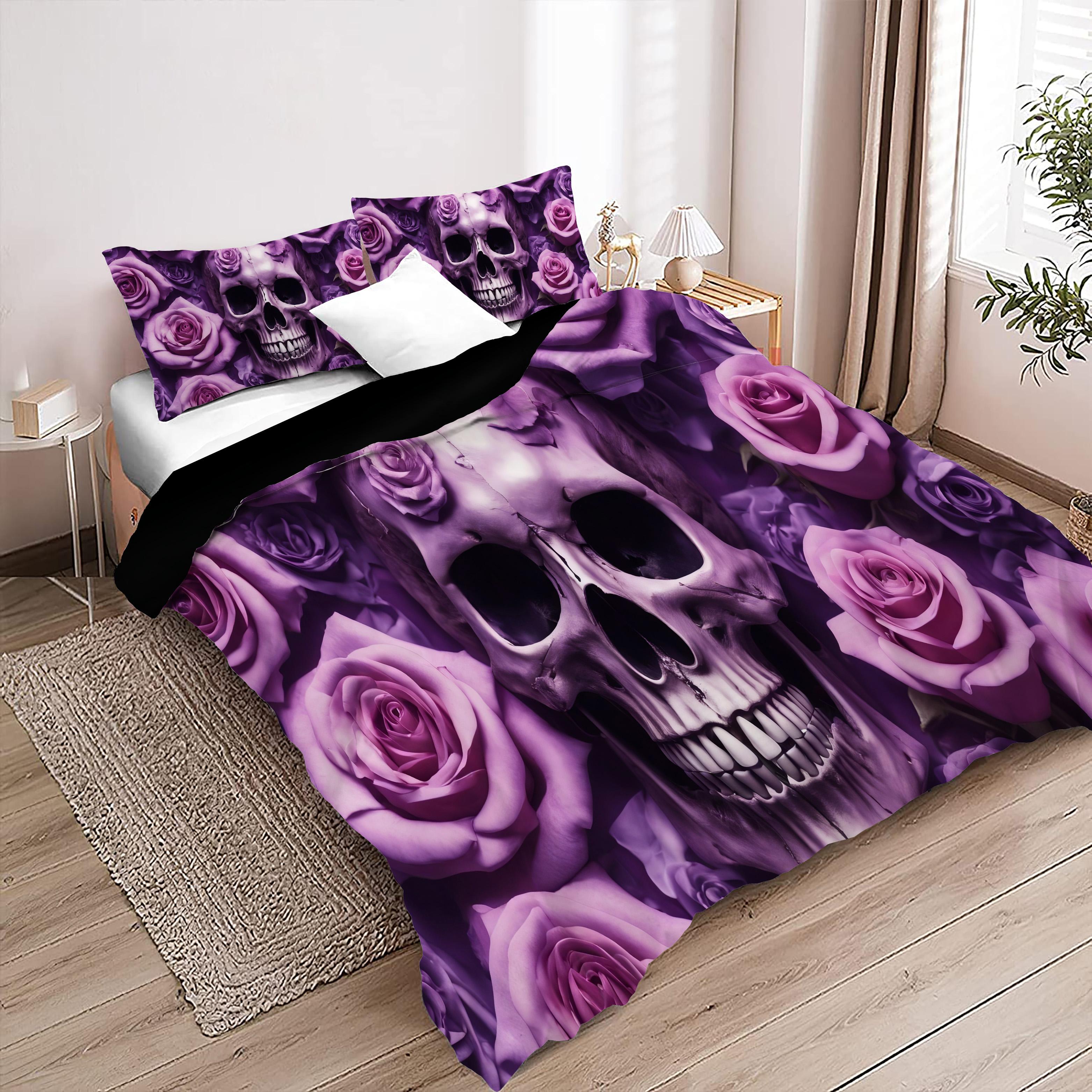 Textilien Unisex Purple Rose Skull Pattern 3D Print Duvet Cover Fashion Halloween Gothic Style Bedding Set With Pillowcase Polyester Quilt Cover