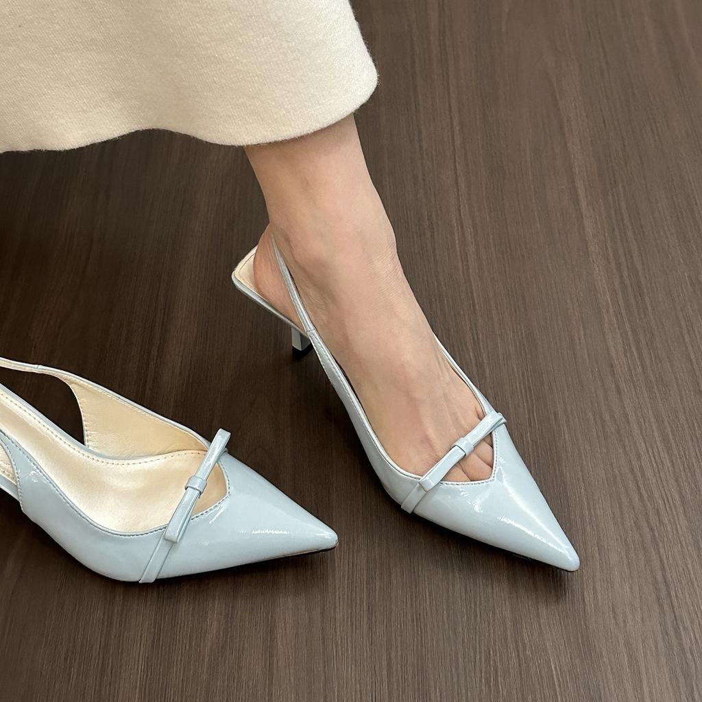 Black patent leather pointed high heels women's bag head sandals women's spring and summer bow thin heel empty shoes