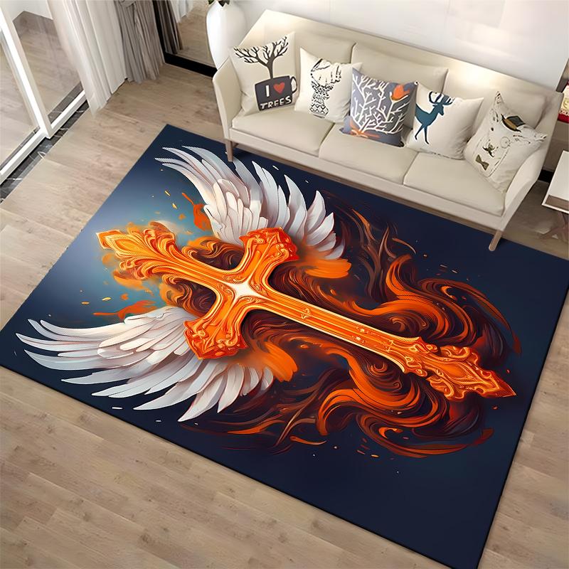 Fiery Cross with Wings Design Rug Non-slip Rug Suitable for Living Room and Bedroom Sofas.
