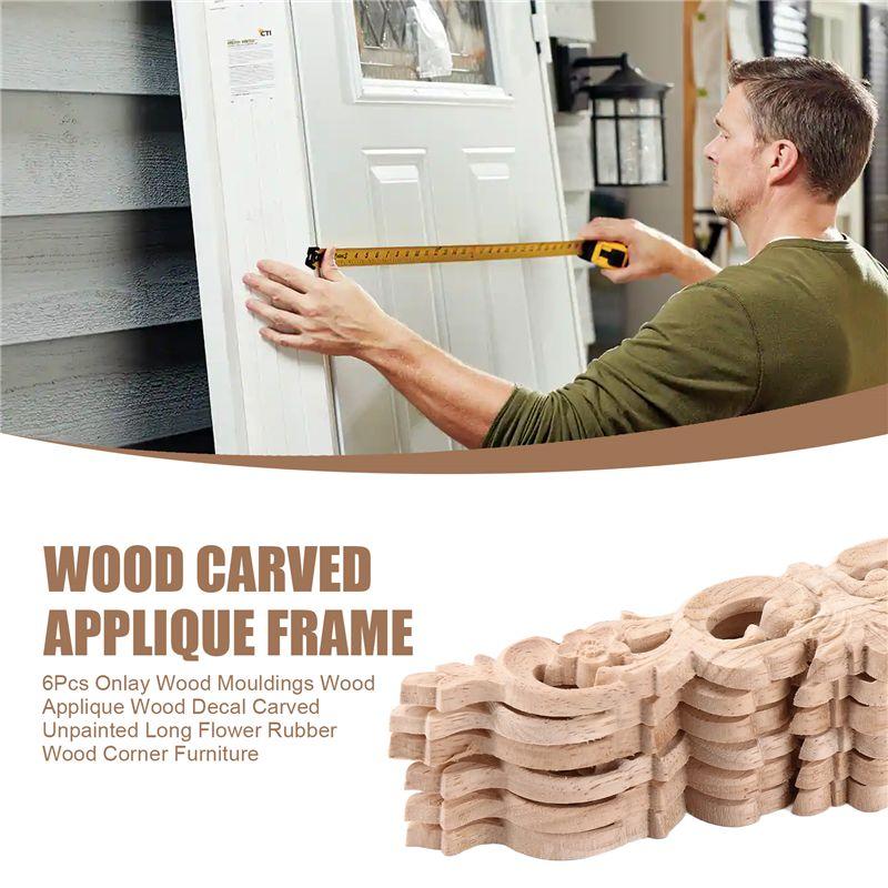 M-Modern-6Pcs Onlay Wood Mouldings Wood Applique Wood Decal Carved Unpainted Long Flower Rubber Wood Corner Furniture