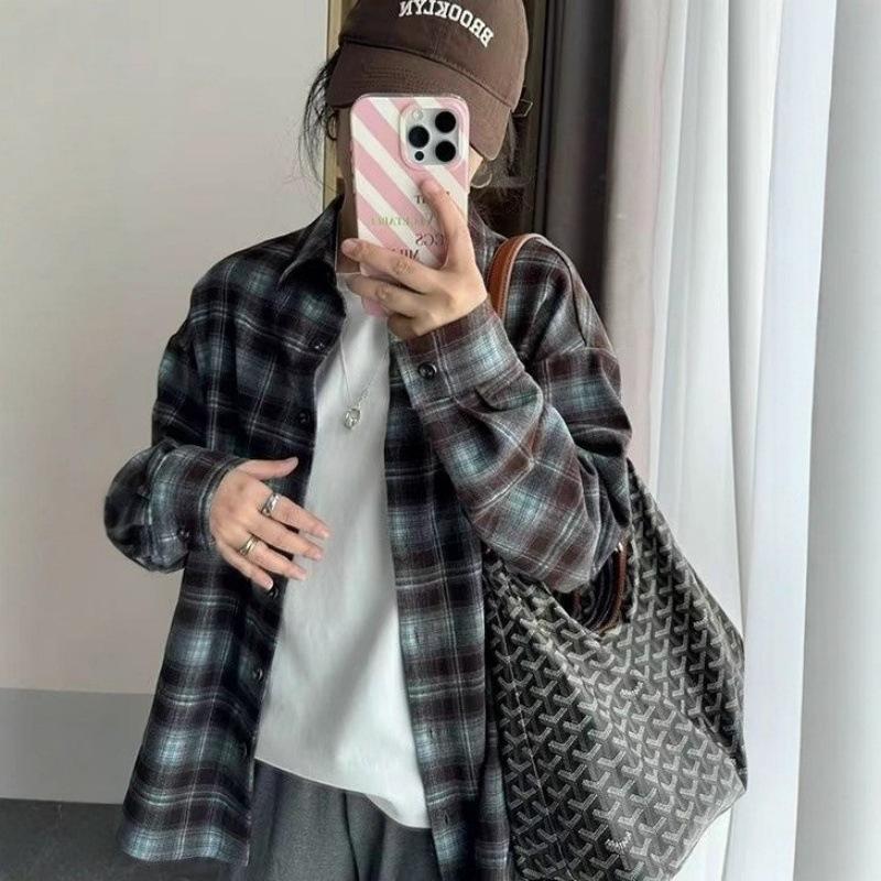 Women s Retro Plaid Long Sleeve Shirt - Casual Loose Fit for Spring & Autumn Large