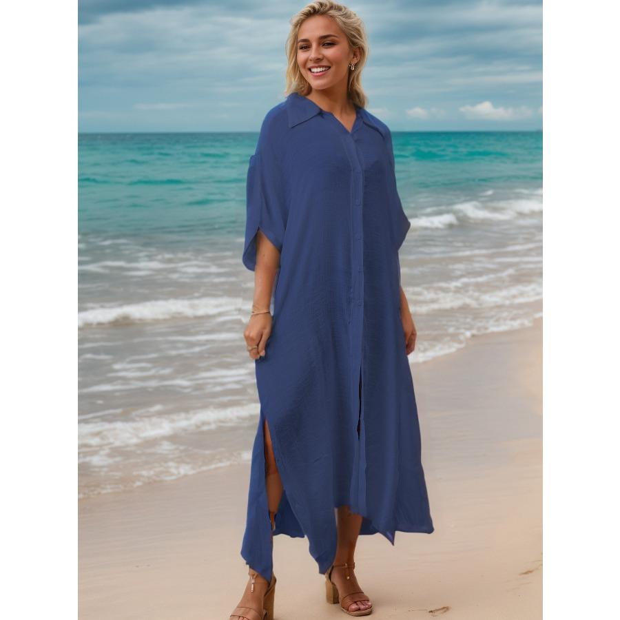 Women's Solid Color Beach Cover Up Loose Long Button Down Shirt Dress, Open Front Vacation Robe 0994 KTY
