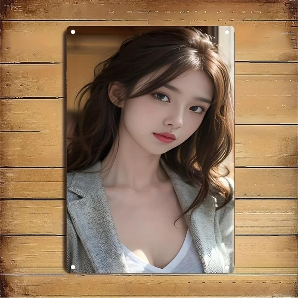 Hisun Tin Sign HD Metal Tin Sign Elegant Asian Beauty in Grey Blazer Cozy Indoor Portrait Wall Art Decor