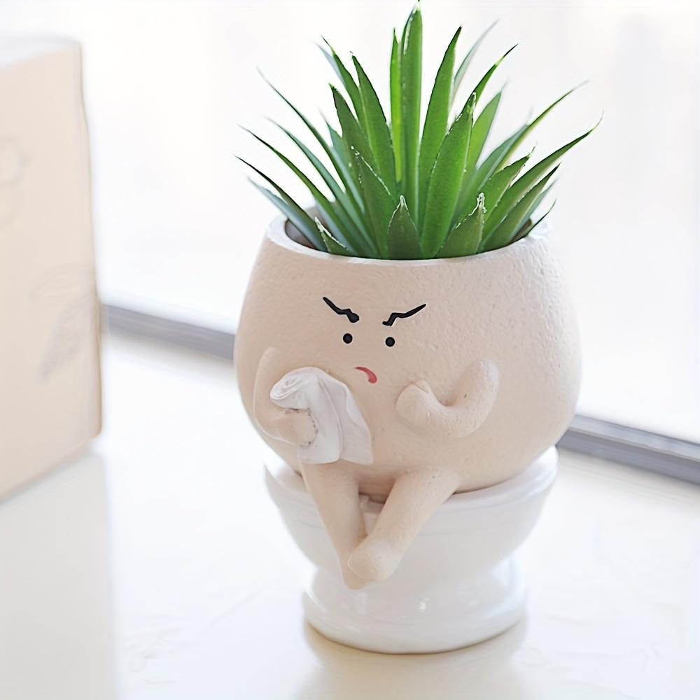 Whimsical Face Planter Pot,Double Layered Resin Vase with Drainage Hole, Cute Toilet Design for Indoor/Outdoor Decor, Contemporary Geometric Pattern