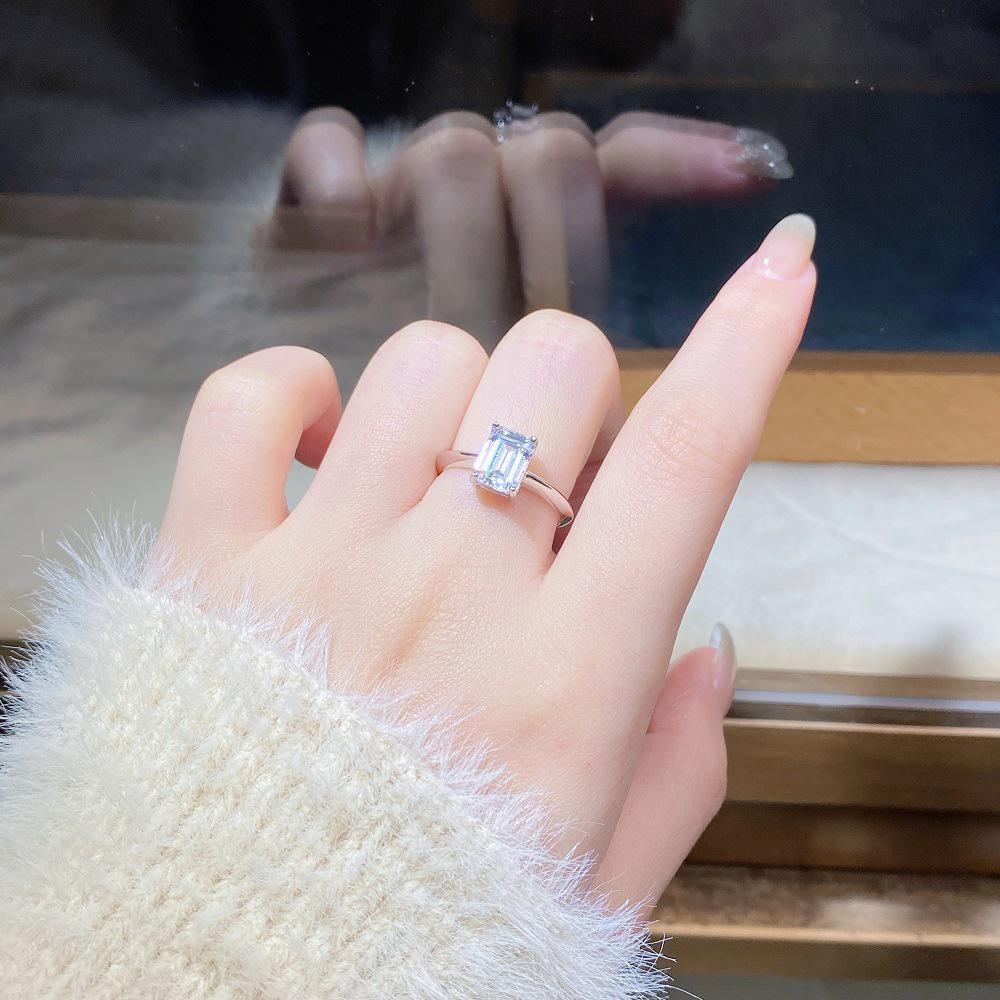 Emerald Cut Moissanite Ring, 2 Carat D Color, 925 Silver Four-Claw Setting.