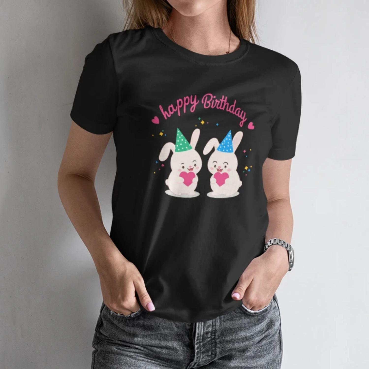 

Festive Women s Short Sleeve T Shirt“happy Birthday” Bunny Duo Print for Birthday Celebration Style S чёрный
