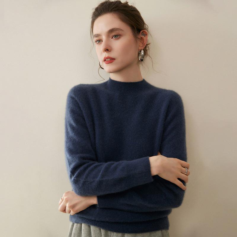 Women's 100% Cashmere Half-High Collar Slim Fit Pullover Sweater - Long Sleeve, Solid Color, Versatile Base Layer, Warm Knit.