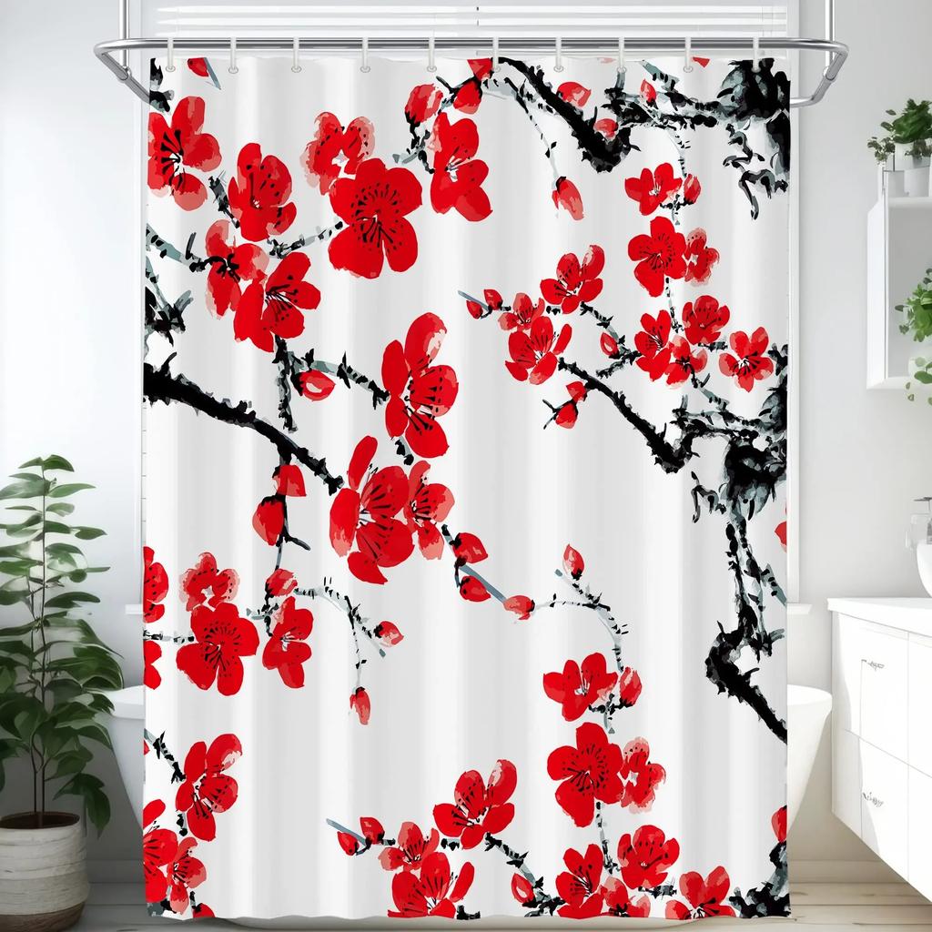 Elegant Floral Shower Curtain Set, Waterproof Fabric with Vibrant Blossoms for Romantic Bathroom Decor, Adds Garden Feel