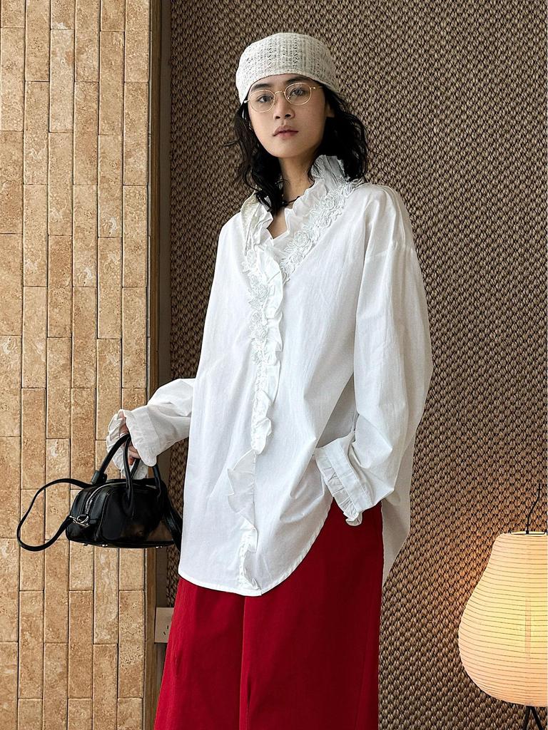Spring Arrival Women's Beaded Rose Lace Patchwork Shirt